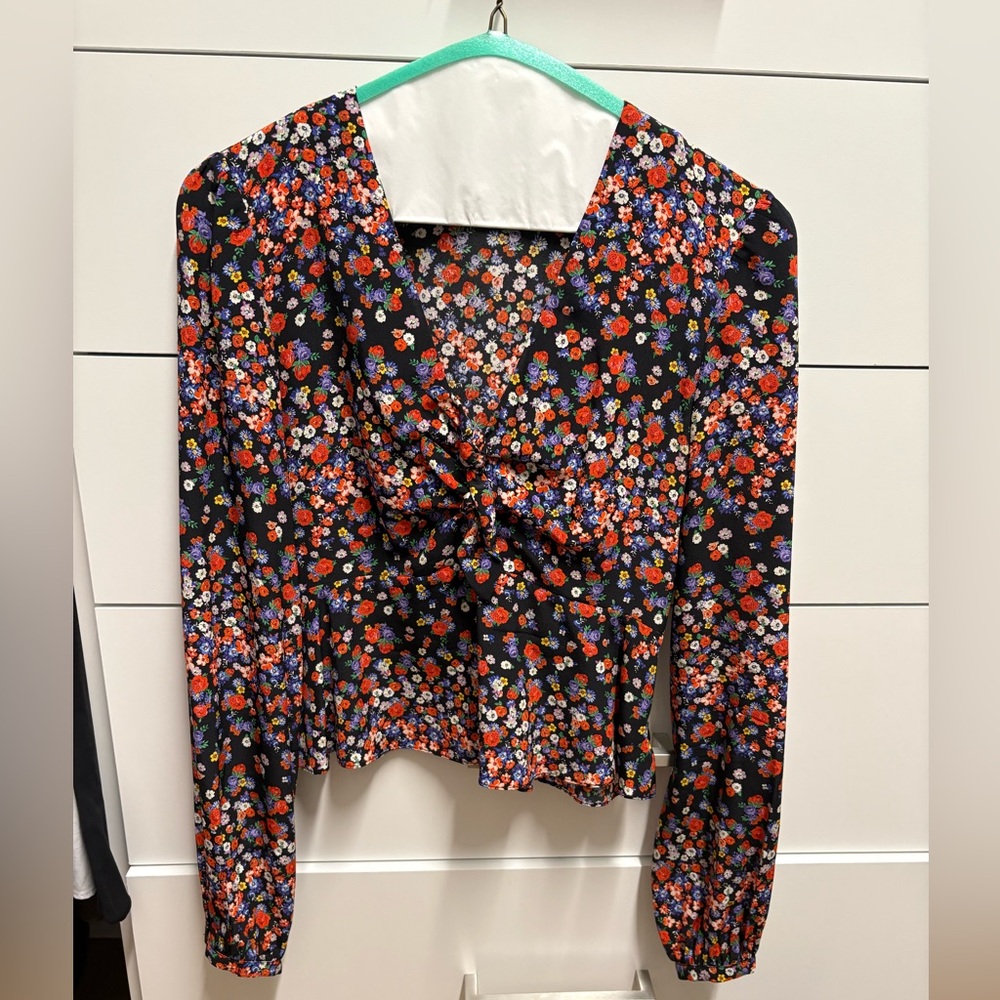INTERMIX Black Floral V-Neck Blouse